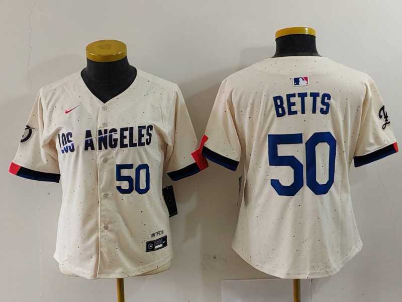 Women's Los Angeles Dodgers #50 Mookie Betts Number Cream 2024 City Connect Limited Stitched Jerseys,We sell and wholesale Women's Los Angeles Dodgers #50 Mookie Betts Number Cream 2024 City Connect Limited Stitched Jerseys on line form chian!